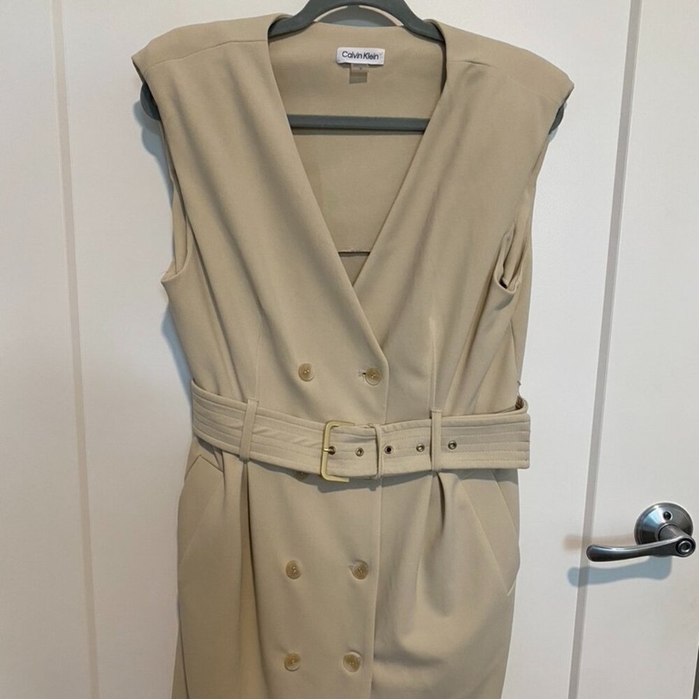 Calvin Klein Tan Sleeveless Belted Dress | Size 12 | Double Breasted